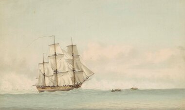 Le HMS Endeavour en vue des côtes de Nouvelle-Hollande (Future Nouvelle-Zélande). Peint par Samuel Atkins en 1794.