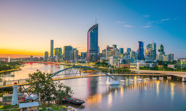 Brisbane city skyline and Brisbane river at twilight in Australia